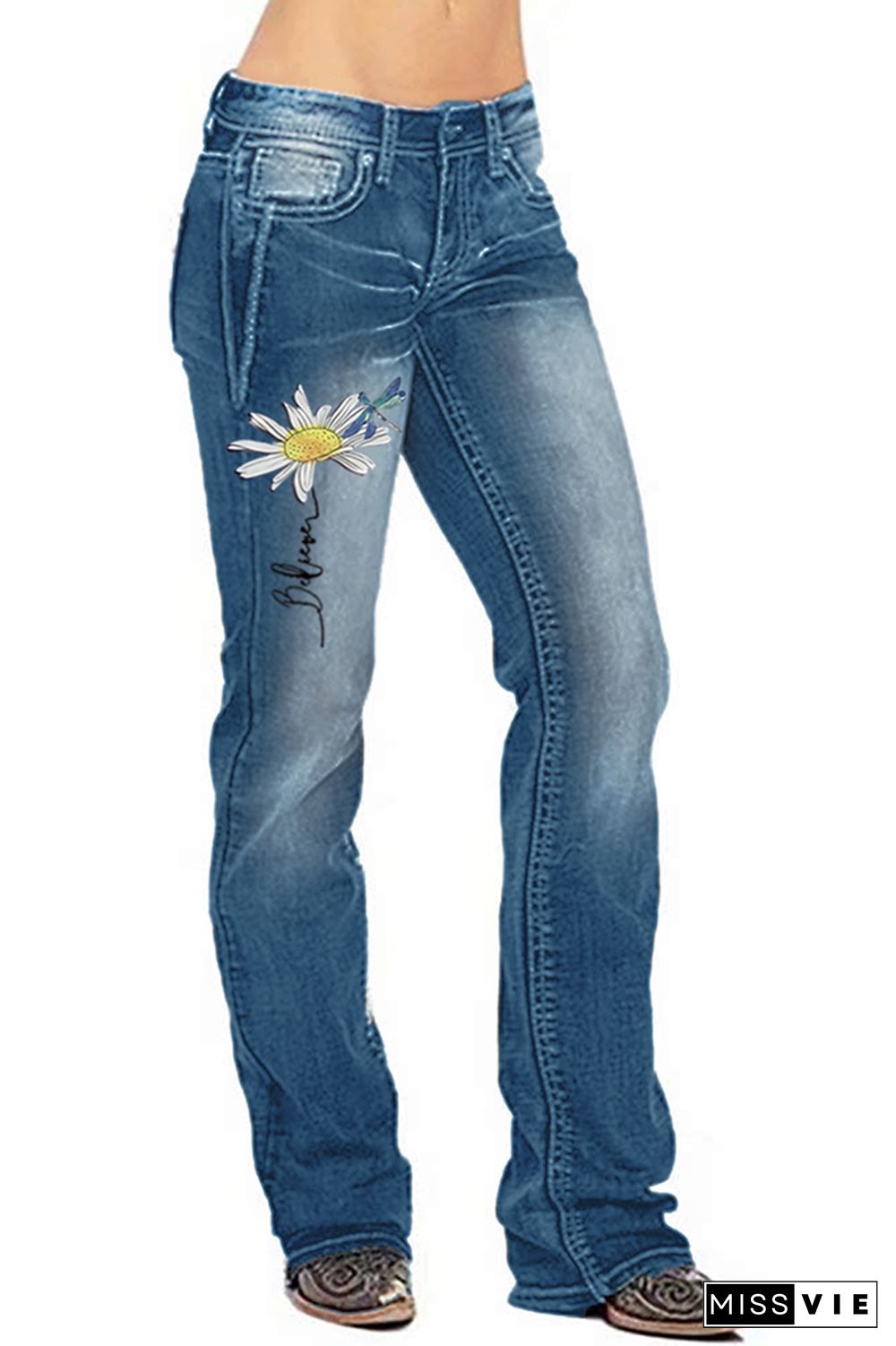 Dragonfly & Flower Print Straight Wash Jeans Pants