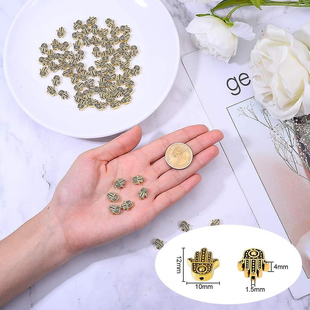 100pcs Hamsa Hand Beads， Tibetan Alloy Hand Of Miriam Beads Antique Golden Hand Of Fatima Jewelry Spacers Metal Loose Spacers Beads For Bracelet Jewel