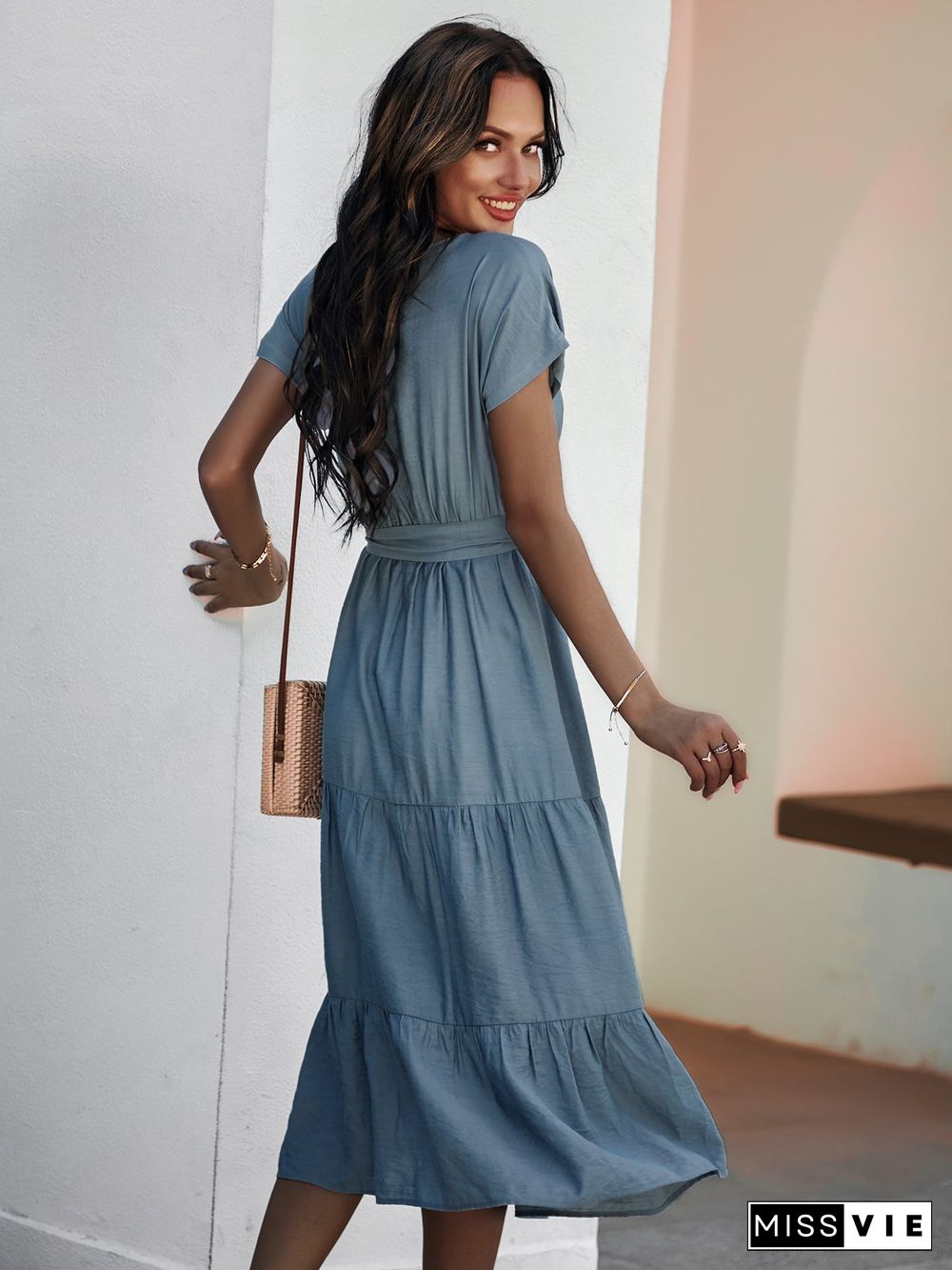 Short Sleeve Round Neck Wrap Tie Waist Maxi Dress