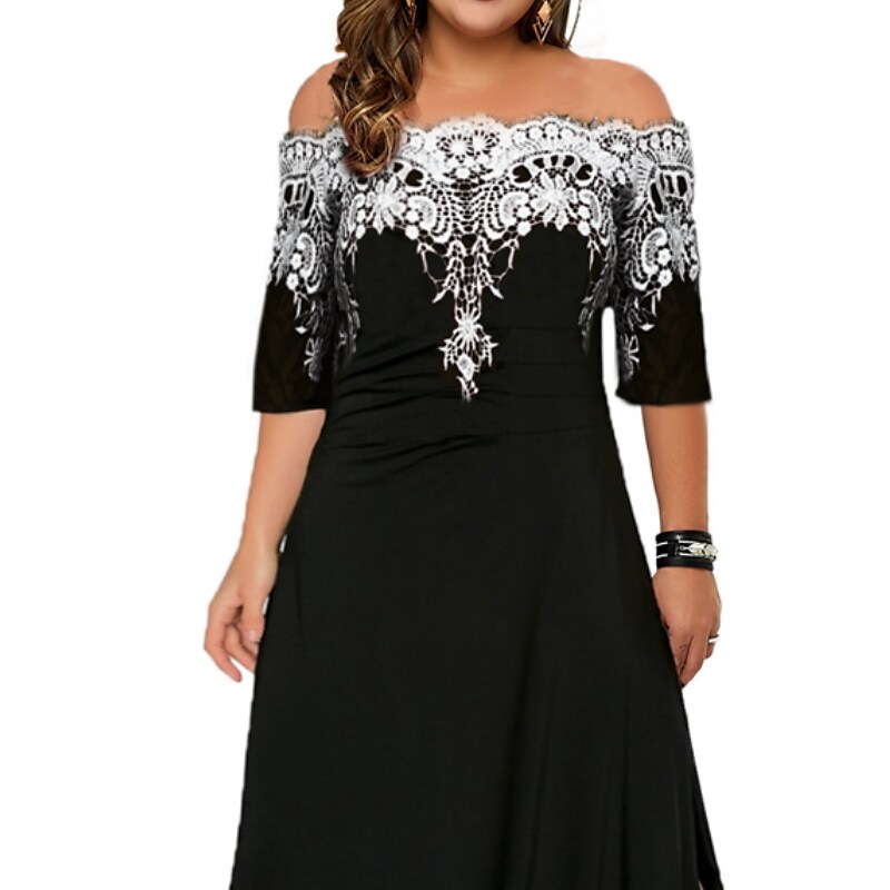 Women's Plus Size Party Dress Floral Off Shoulder Half Sleeve Fall Winter Formal Prom Dress Maxi long Dress Formal Party Dress