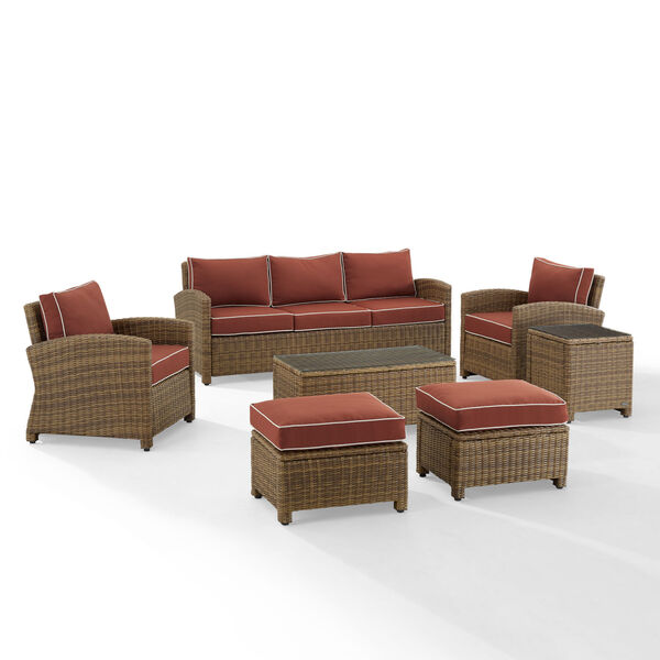 Bradenton Weathered Brown and Sangria Outdoor Wicker Sofa Set， 7-Piece