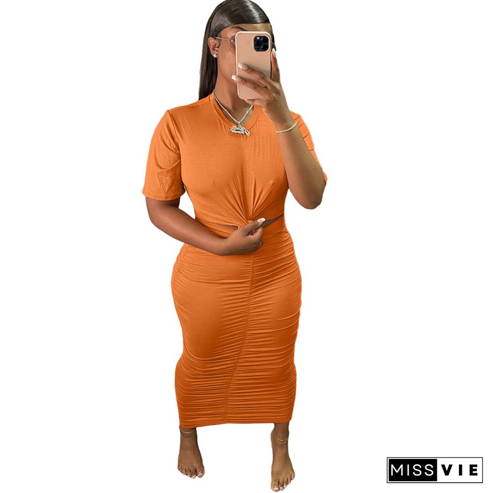 Short Sleeve Ruched Cut Out Bodycon Maxi Dresses