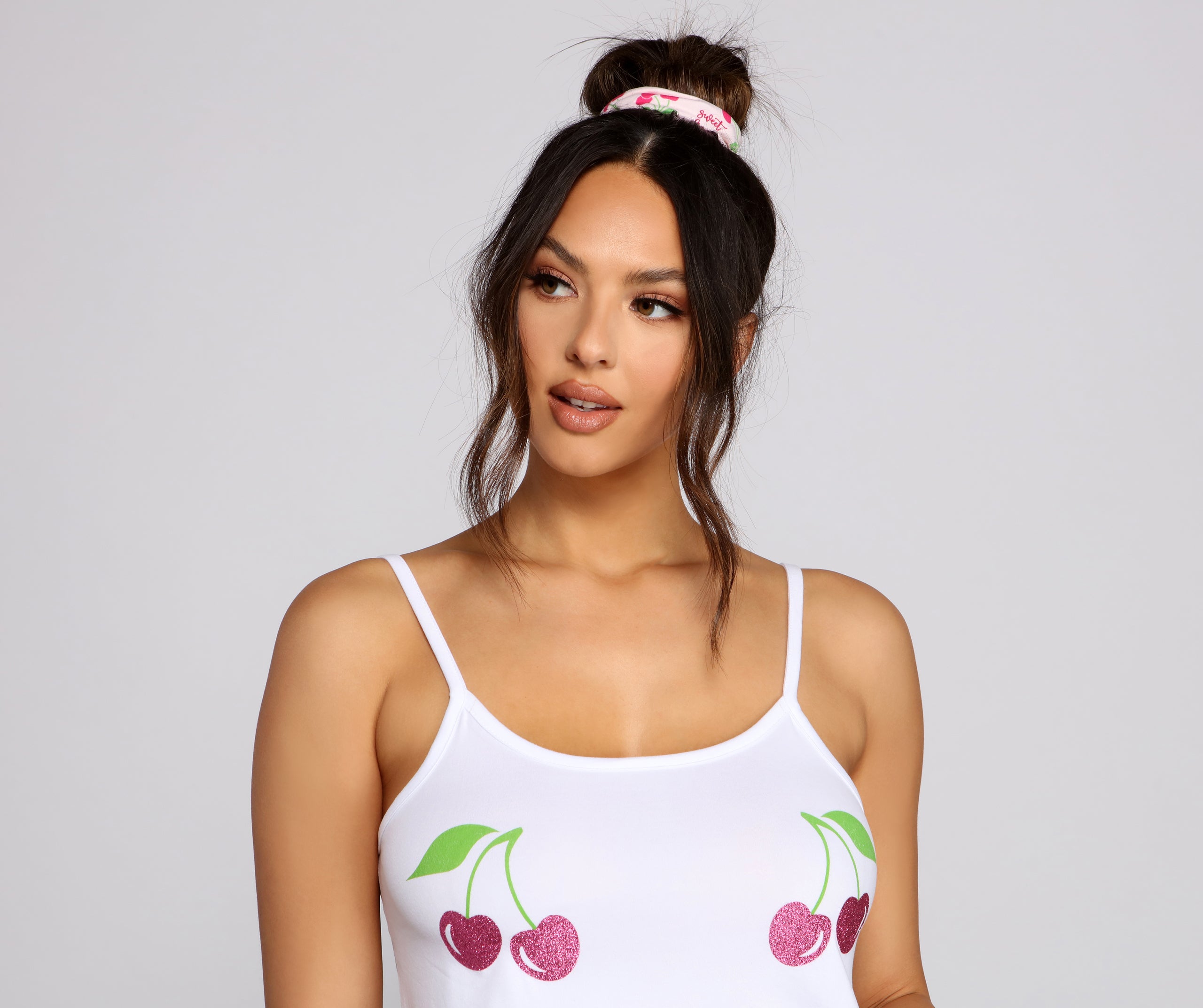 Cherry Charm Tank With Shorts And Scrunchie Set