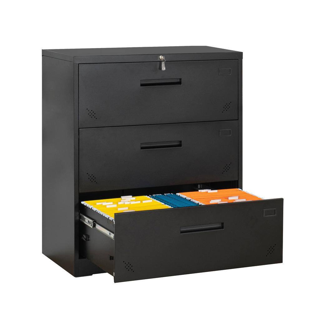 Tenleaf Black 3 Drawer Lateral Filing Cabinet for LegalLetter A4 Size Large Deep Drawers Locked by Keys SXB262864