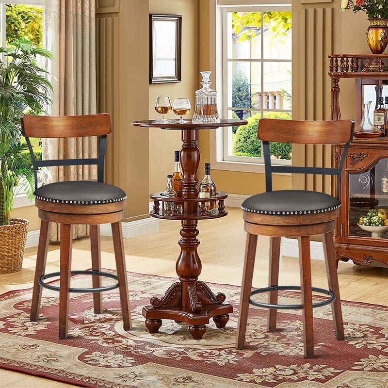 2-Pack 25.5 Wooden Swivel Bar Stools Counter Height Pub Kitchen Dining Chairs with Leather Padded Seat