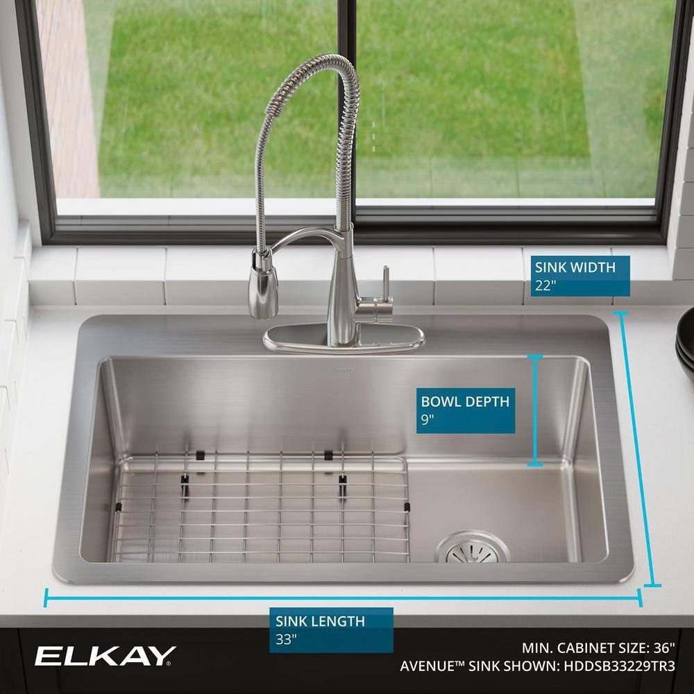 Elkay Avenue 33 in. Drop inUndermount Single Bowl 18 Gauge Stainless Steel Kitchen Sink with Bottom Grid HDDSB33229TR3