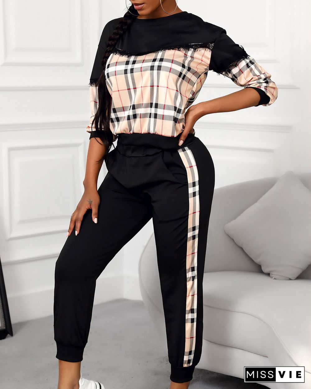 Plaid Fringe Hem Long Sleeve Top & Pocket Pants Set P13919