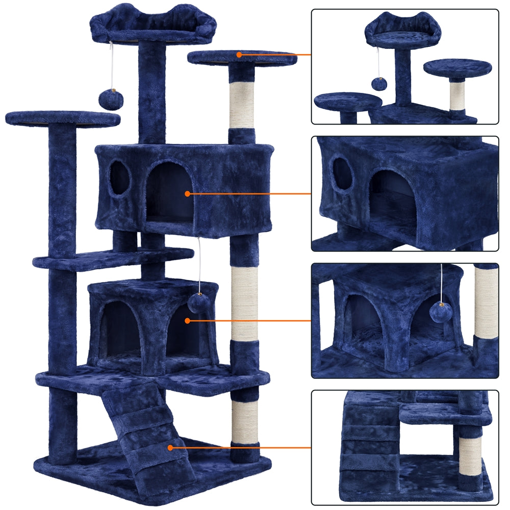 Topeakmart  54.5'' Cat Tree Condo Kitten Tree Tower Cat Kitten Scratching Tree Navy Blue