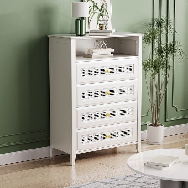 Retro Style 4-Drawer Dresser with Metal Handles， Chest of Drawers with Rattan Panels， Vintage Design Cabinet for Bedroom - - 37952493