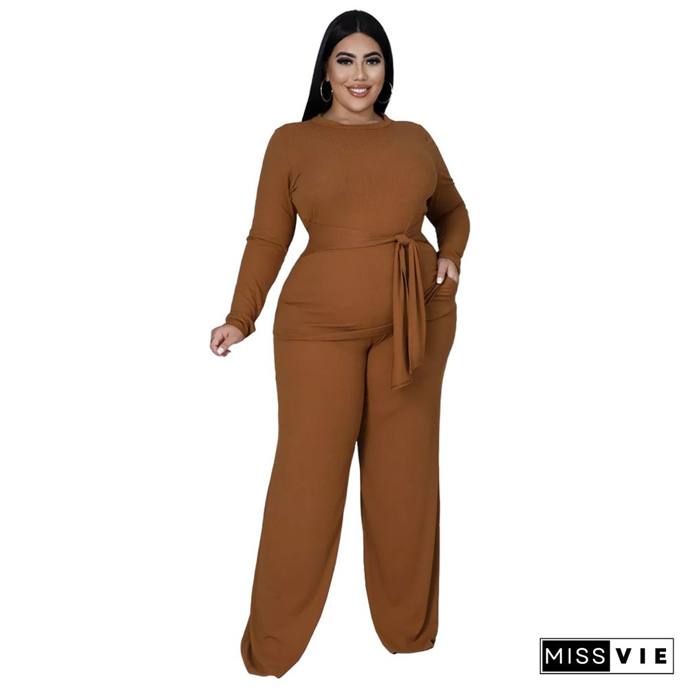 Knitted Bandage T Shirt Wide Leg Pants Plus Size Set