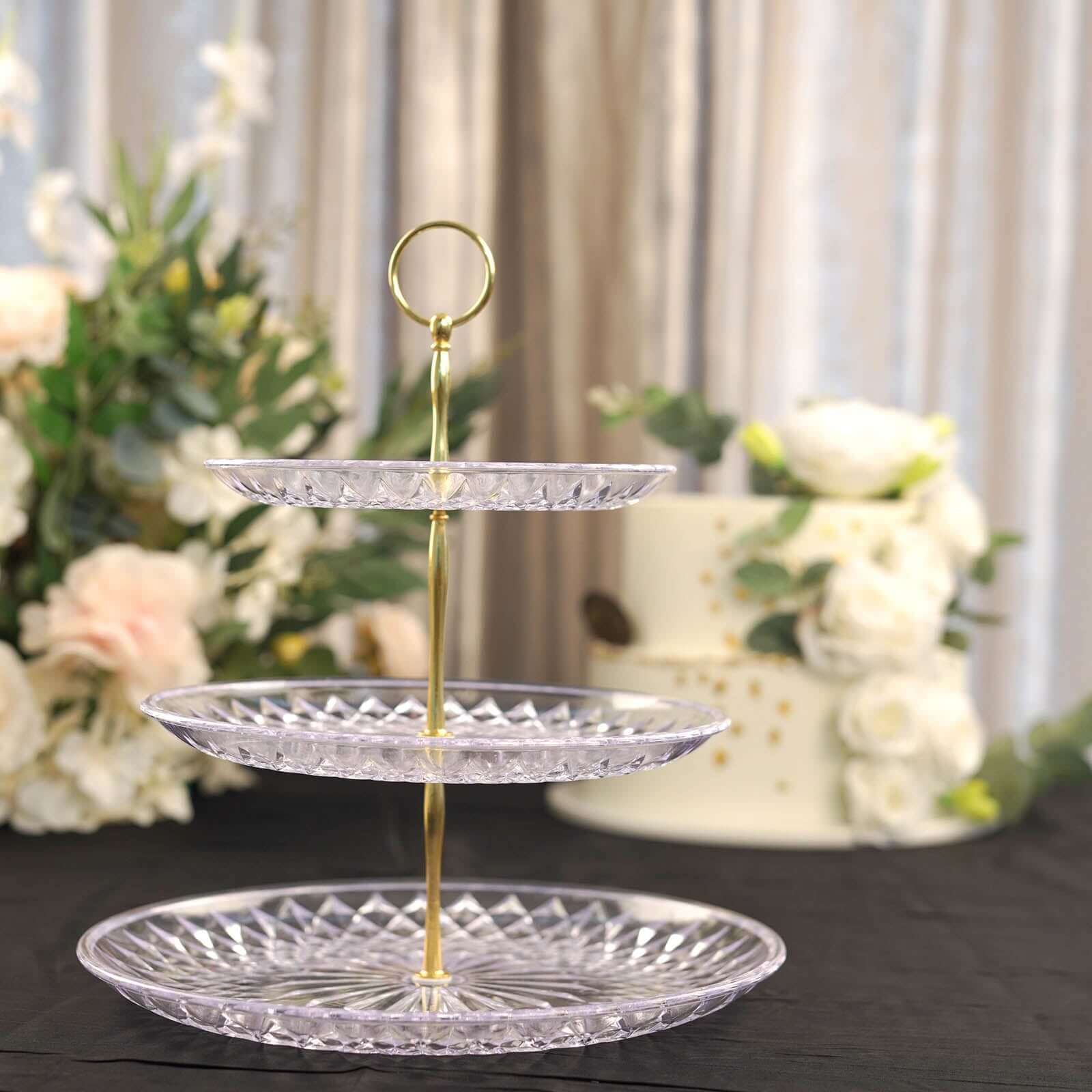 3-Tier Clear Gold Sunflower Cut Cupcake Stand, Dessert Holder 12