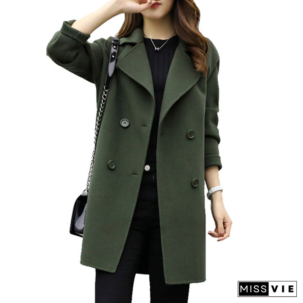 new Women Jacket Autumn Winter Solid Color Lapel Double-breasted Midi Coat Woolen Outwear Lady button-down jacket