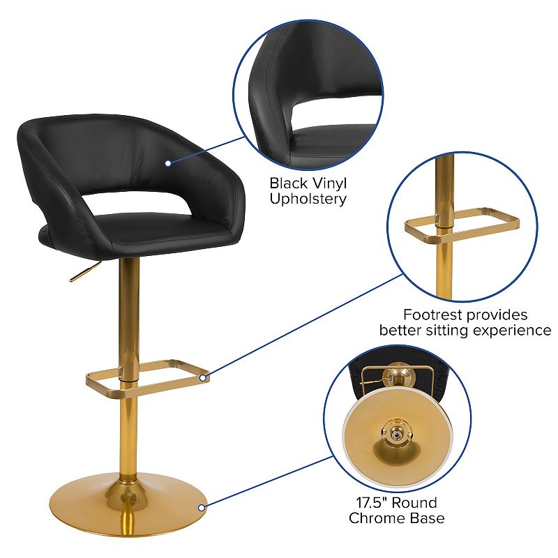 Emma and Oliver 2PK Black Vinyl Adjustable Height Barstool with Rounded Mid-Back and Gold Base