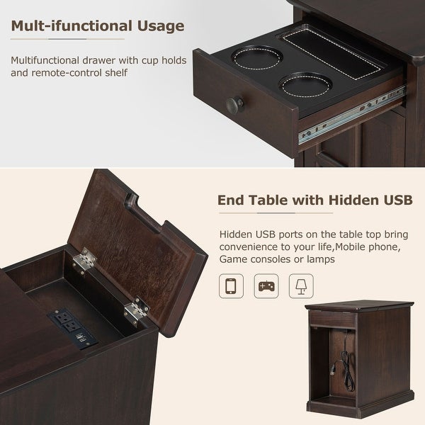 End Table with USB Ports and Multifunctional Drawer with Cup Holders