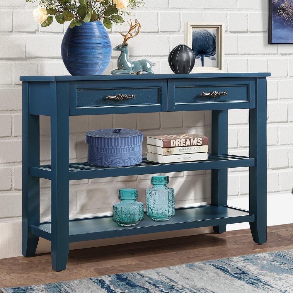 Console Sofa Table with 2 Storage Drawers and 2 Tiers Shelves  Mid Century 42'' Solid Wood Buffet Sideboard