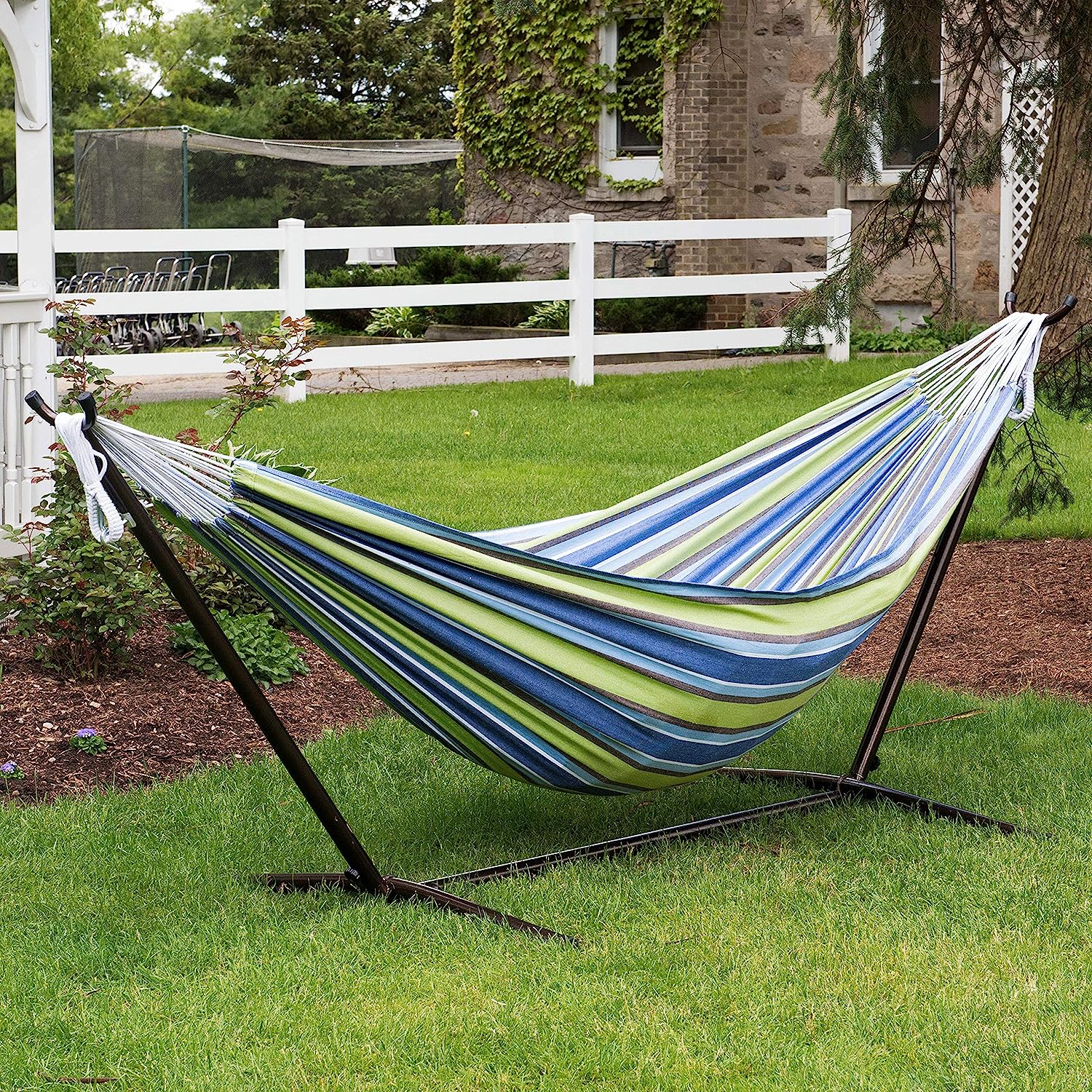 Double Cotton Hammock with Space Saving Steel Stand, Tropical (450 lb Capacity - Premium Carry Bag Included)