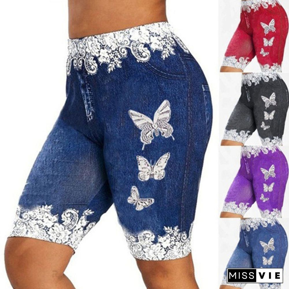 Women Fashion Skinny Skull Flower Print Casual Jeggings Yoga Leggings Faux 3D Denim Jean Shorts Pants Plus Size S-5XL