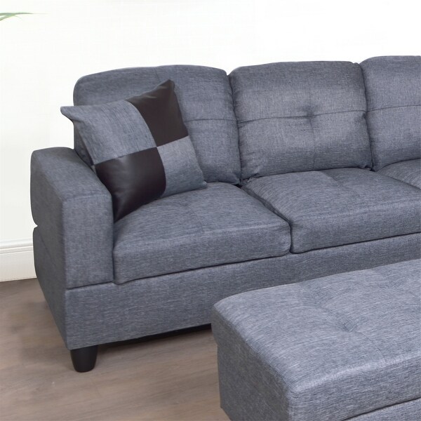 3PC Sectional Sofa Linen Right-Facing Chaise with Storage Ottoman Gray