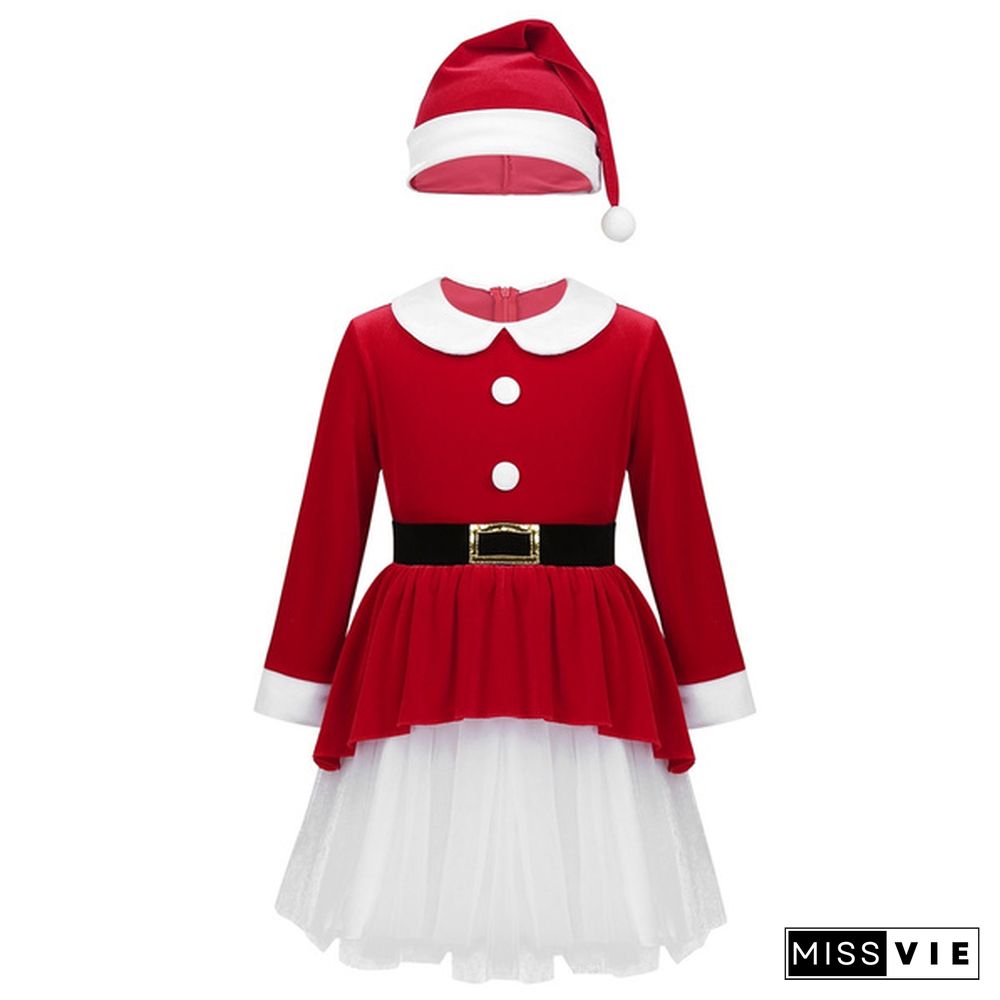 Girls Themed Party Christmas Costume Dress with Hats Kids' 2Pcs Xmas Carnival Santa Claus Performance Outfits