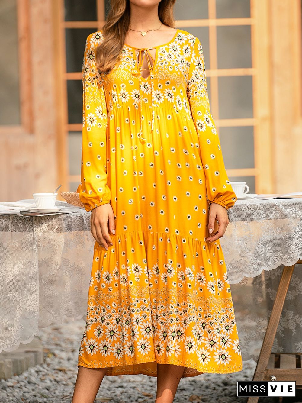 Floral Shift Long Sleeve Boho Weaving Dress