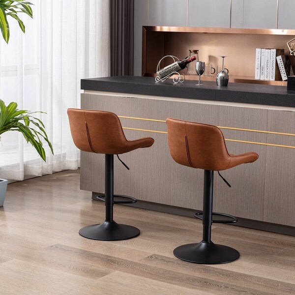 Modern Bar Stools Set of 2 Adjustable Mechanical Lifting PU and Black Leg Bar Stool， Chrome Footrest and Base Swivel Height