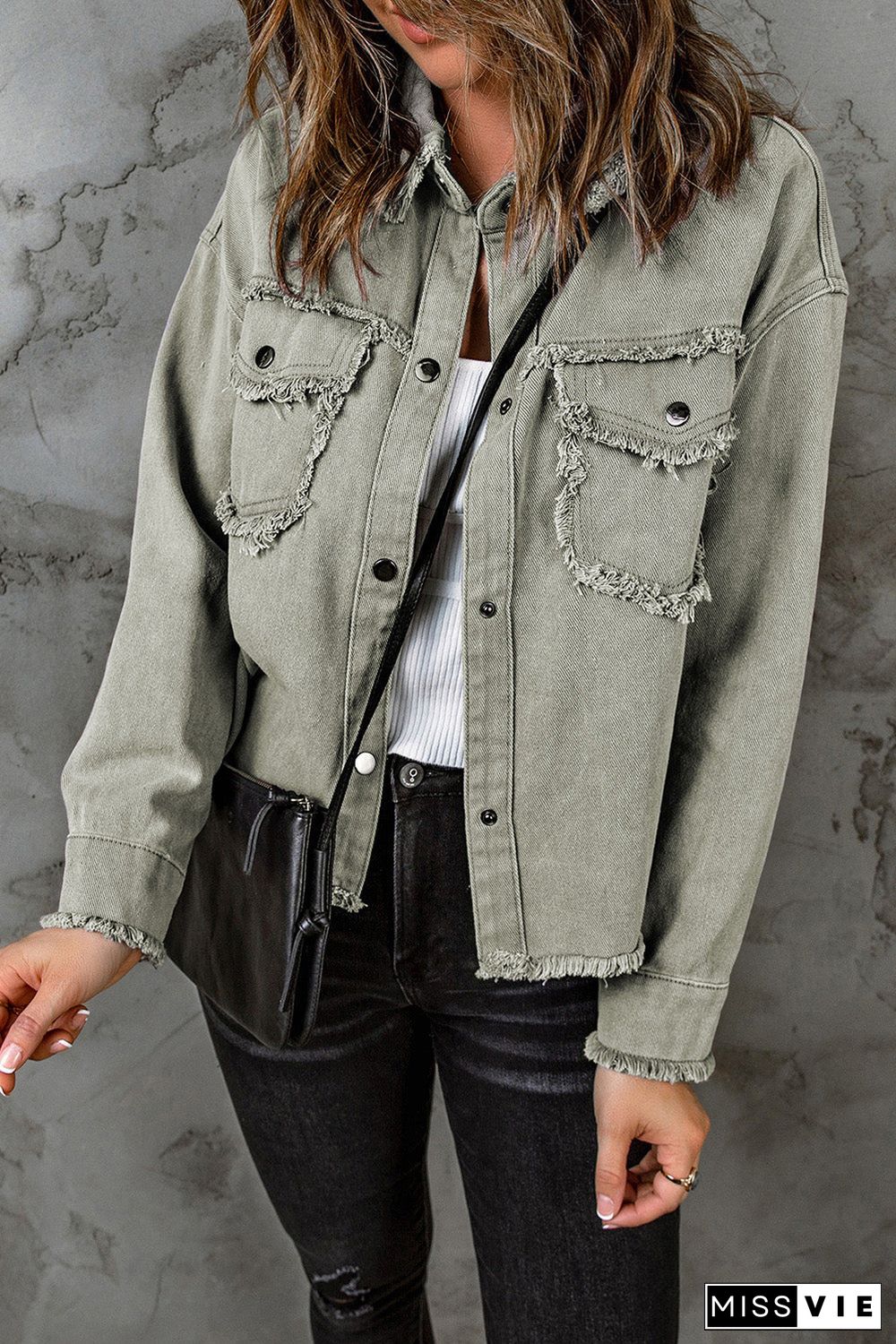 Distressed Flap Pockets Frayed Hemline Denim Jacket