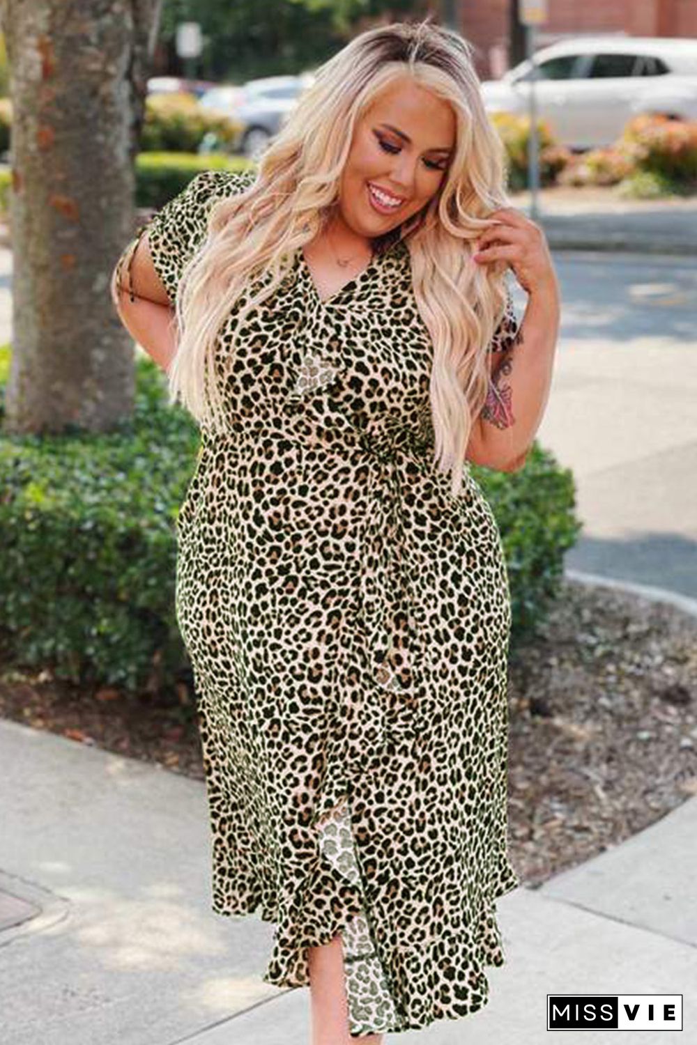 Leopard Print Ruffled Lace-up Plus Size Midi Dress