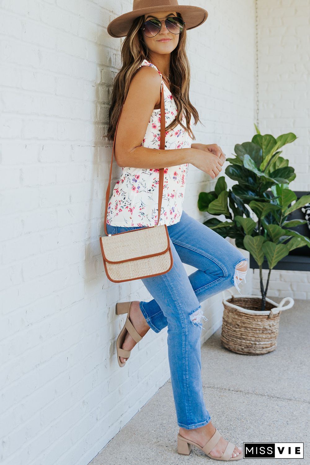 White Ruffle Straps Floral Rib Knit Tank Top