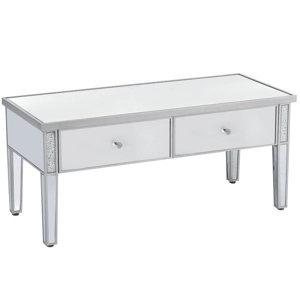 Modern Glass Mirrored Coffee Table with 2 Drawers， Cocktail Table with Crystal Handles and Adjustable Height Legs