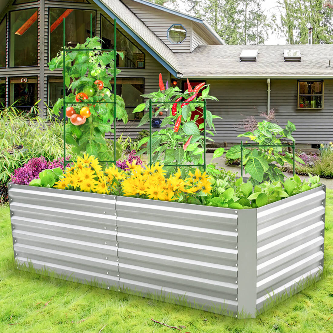 SEJOV 6x3x2ft Galvanized Metal Raised Garden Bed for Vegetables, Outdoor Deep Root Raised Planter Box with Metal Stake to Fix, Backyard Patio Planter Raised Beds for Flowers, Herbs, Fruits