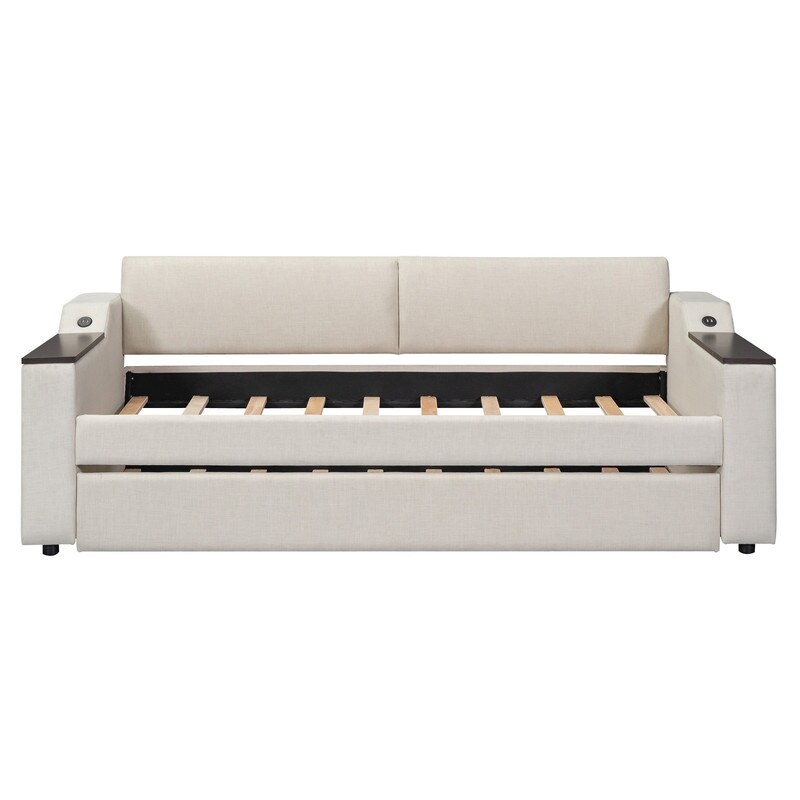 Twin Size Upholstery Daybed with Trundle and USB Design and Storage Arms Sofa Bed