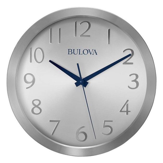 Bulova Clocks C4844 Winston Decorative Aluminum 9 Inch Diameter Quartz Wall Clock With Quiet Sweep Silver Tone Metal Face Blue Hands