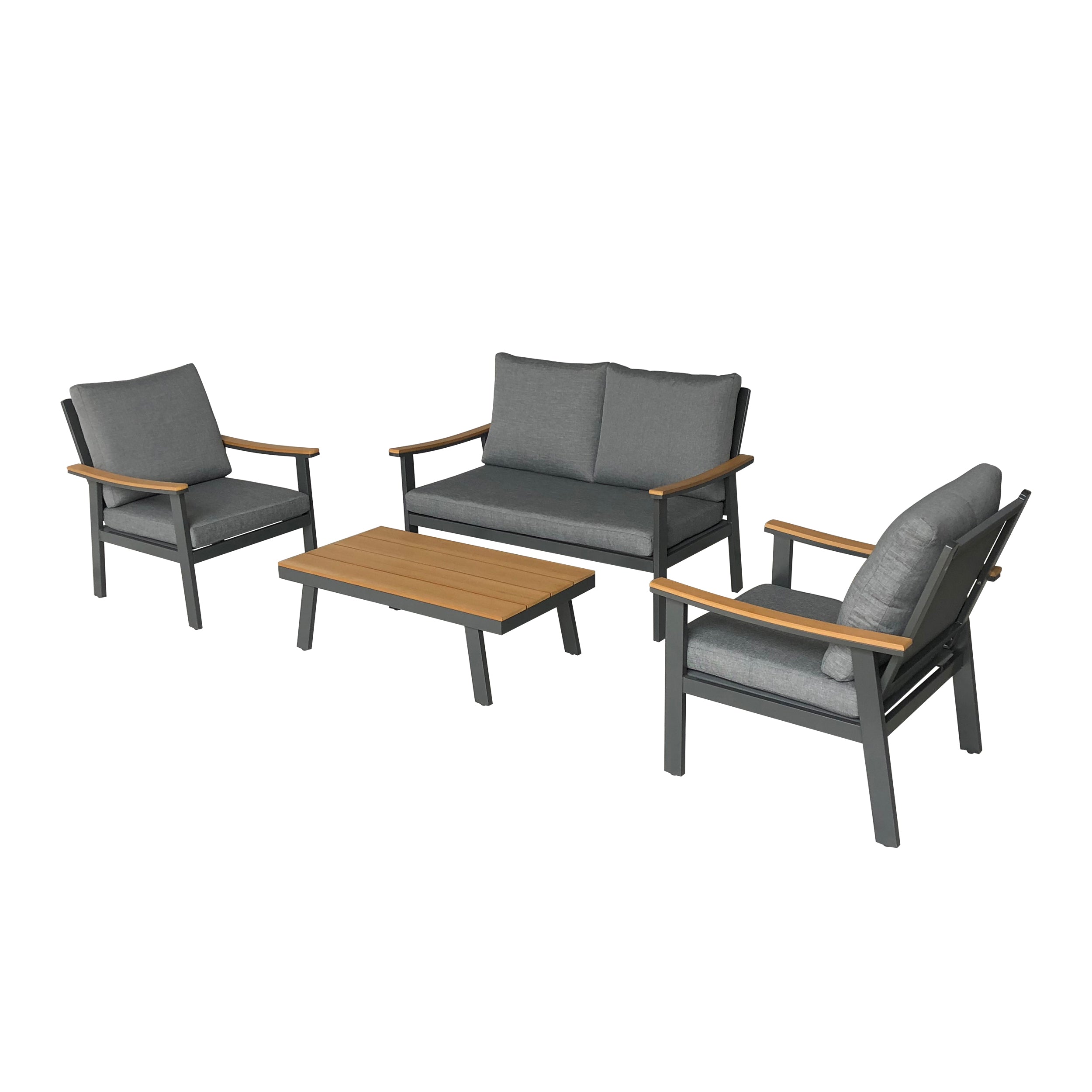 Mathias Outdoor 4 Piece Aluminum and Faux Wood Chat Set with Cushions