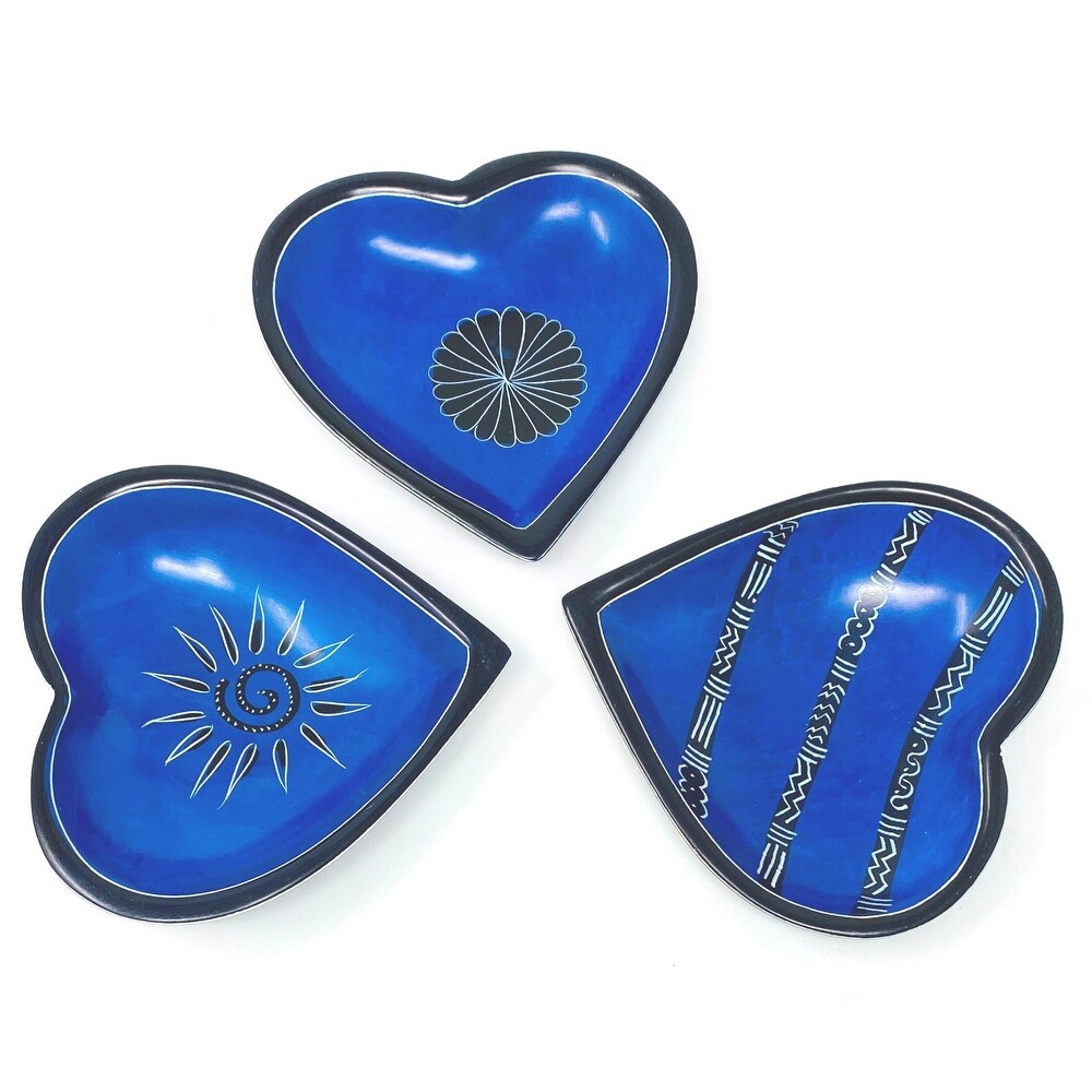 Small Soapstone Heart Bowls with Designs  Set of 3  Dark Blue