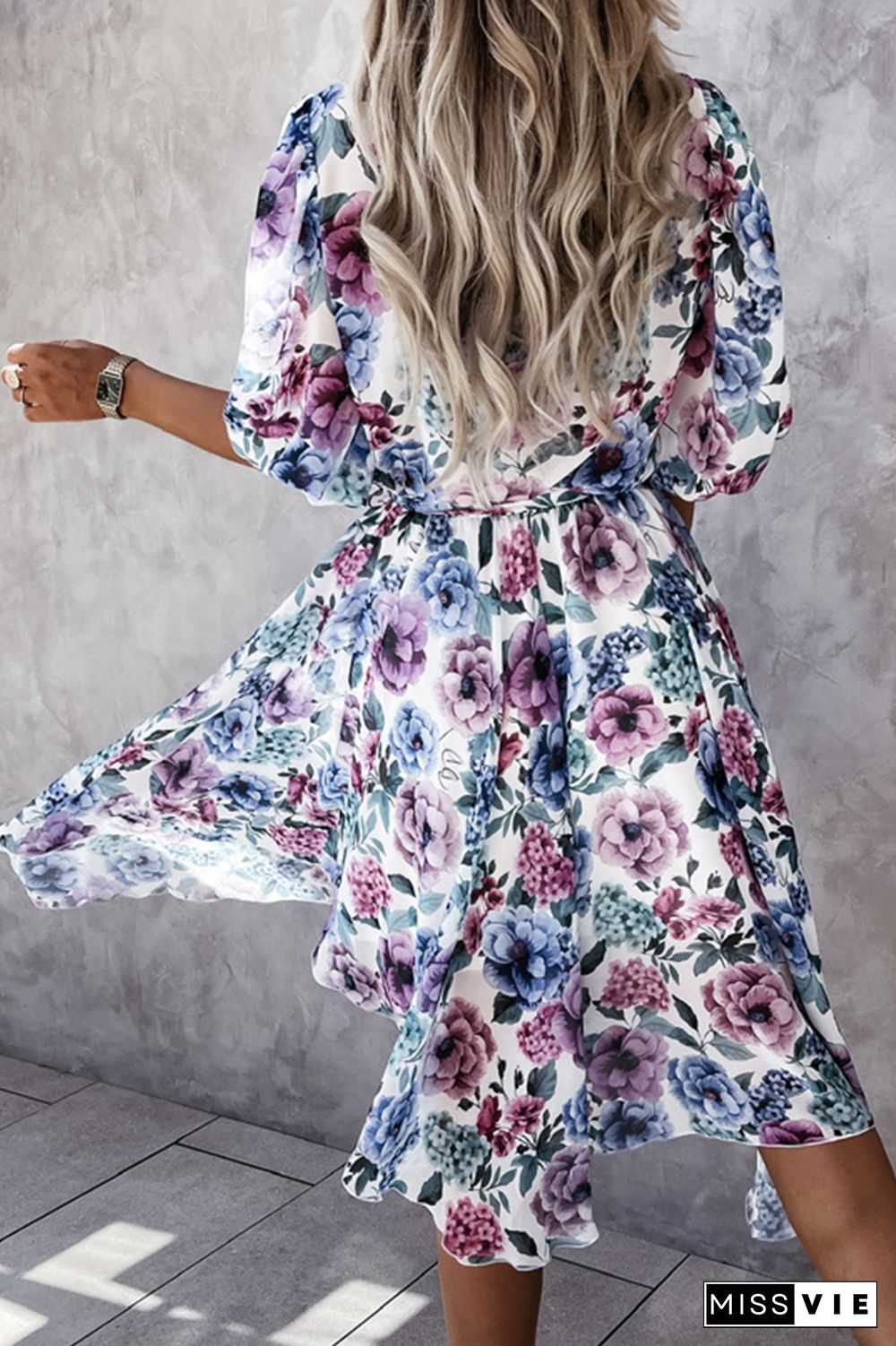 Fashion Elegant Floral Buckle With Belt V Neck Irregular Dress Dresses