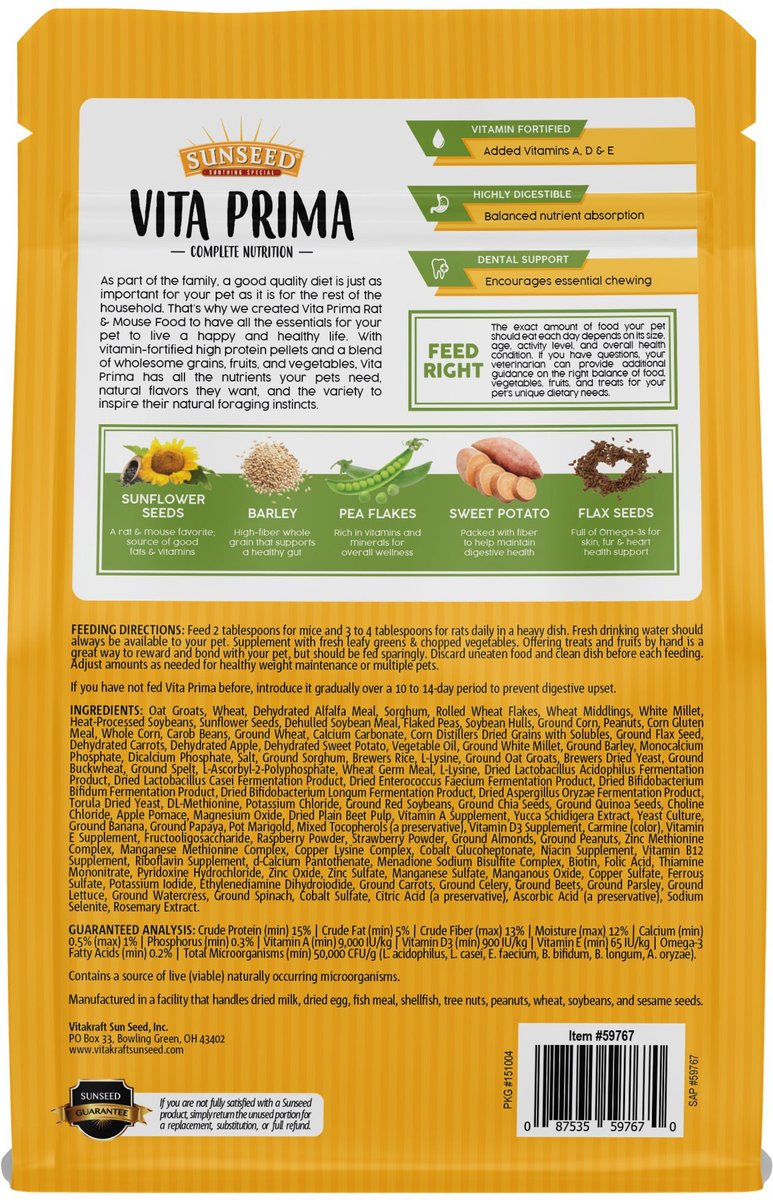 Sunseed Vita Prima Mouse and Rat Food， 2-lb bag