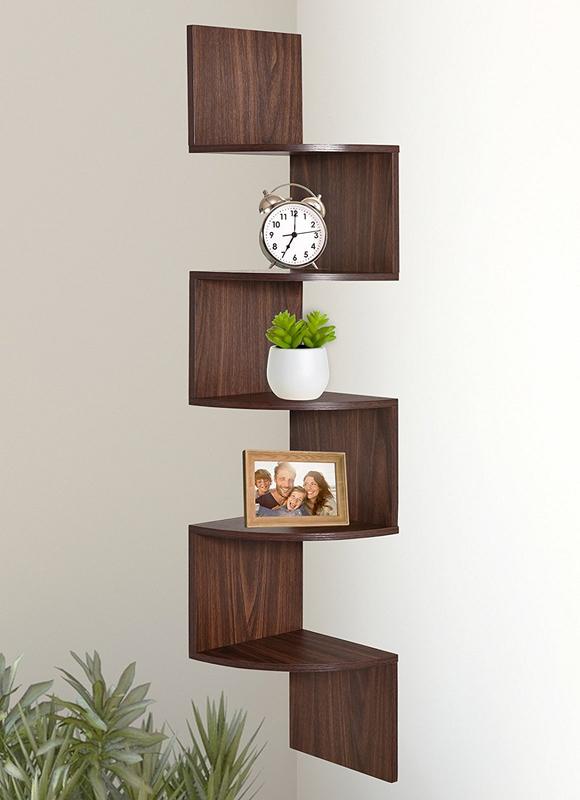 Greenco 5 Tier Wall Mount Floating Corner Shelves | Corner Wall Shelf with a Walnut Finish | 5 Tier