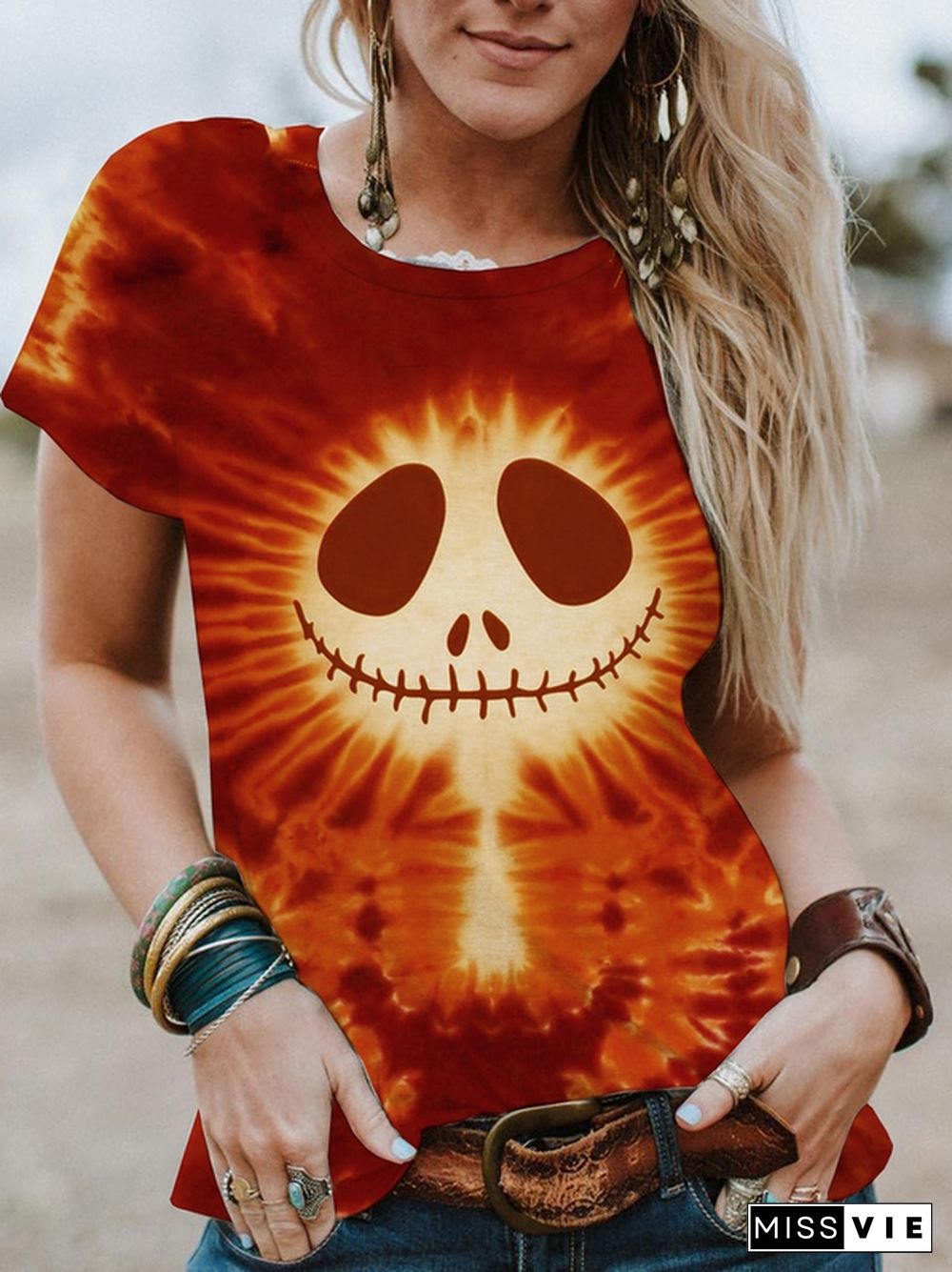 Halloween Tie-dye Grimace Print Short-sleeved T-shirt