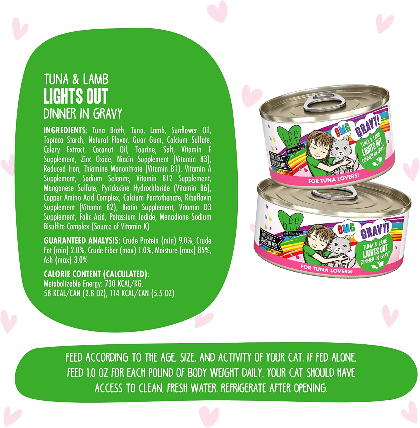 Weruva Wet Cat Food B.F.F. OMG - Best Feline Friend Oh My Gravy!， Tuna and Lamb Lights Out with Tuna and Lamb， 2.8oz Can (Pack of 12)