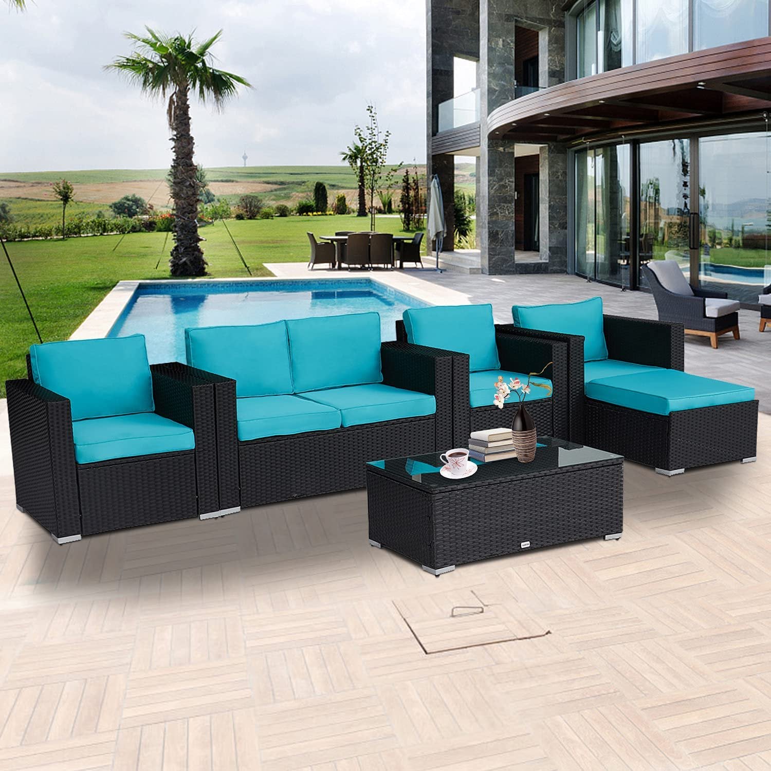 Kinbor 5PCS Patio Furniture Set Outdoor Sectional Sofa Lawn Conversation Sets Wicker Rattan Chair with Ottoman, Turquoise