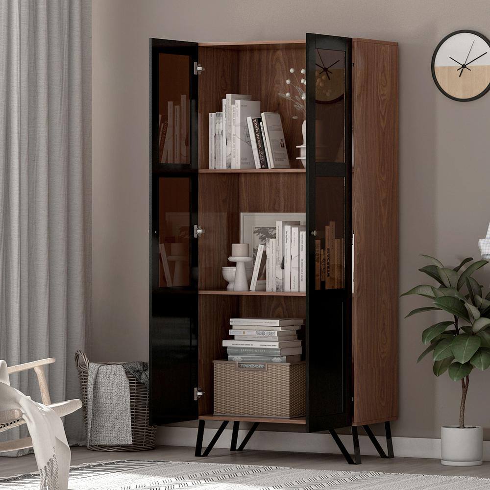 FUFUGAGA 70.7 in. Height Brown 2-Door Wood Bookcase Bookshelf with 3-Tier Shelves Cabinet Cupboard KF200177-01-KPL