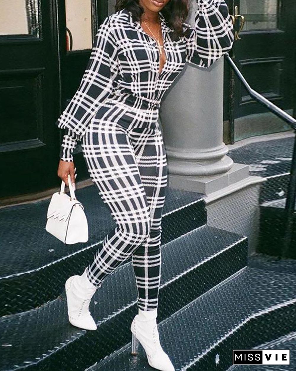 Puffed Sleeve Plaid Print Jumpsuit P14311