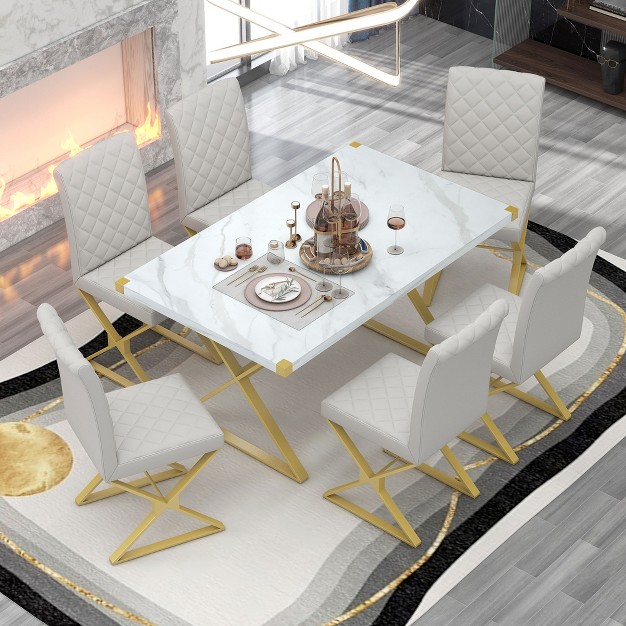 7 Pcs Modern Dining Table Set Marble Texture Kitchen Table And 6 Pu Leather Chairs With X shaped Gold Steel Pipe Legs White gold modernluxe