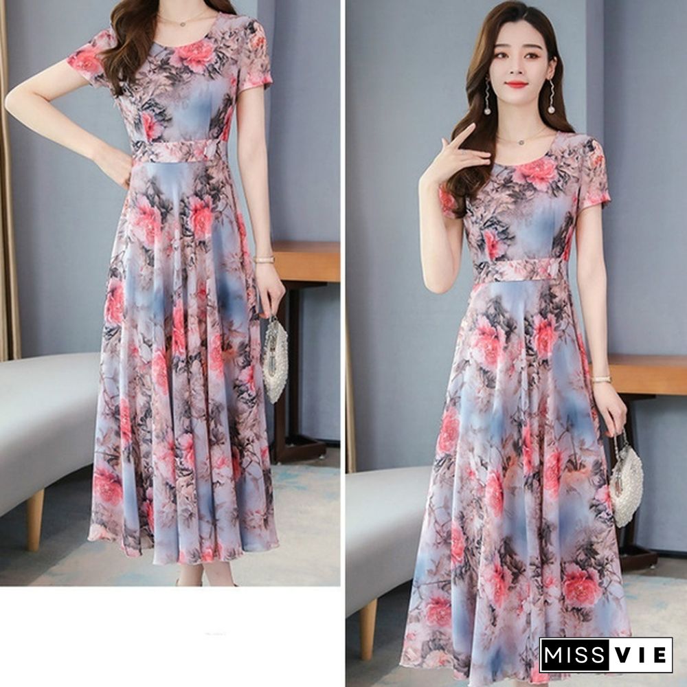 Ice Silk Long Skirt Summer Temperament Flower Long Skirt Retro Elegant Dress