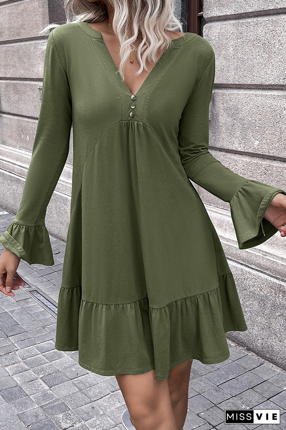 Long Sleeve V Neck Plain Ruffle Dress