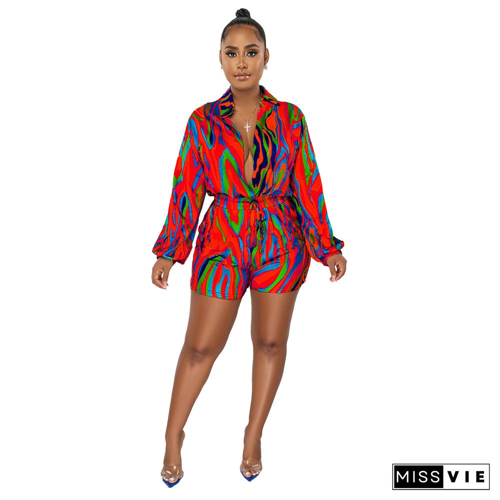 Turn Down Collar Causal Long Sleeve Print Rompers