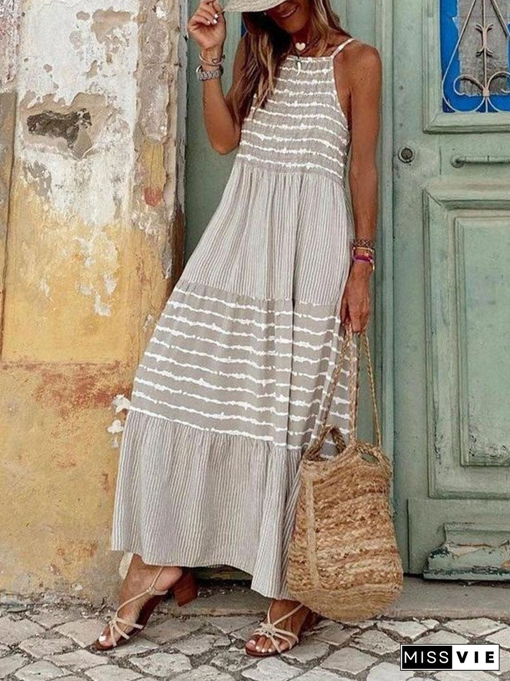 Back To School Outfit  Summer Women Casual Loose Long Beach Dresses Vintage Striped Print Patchwork Maxi Dress Female Elegant Sleeveless Straps Dress