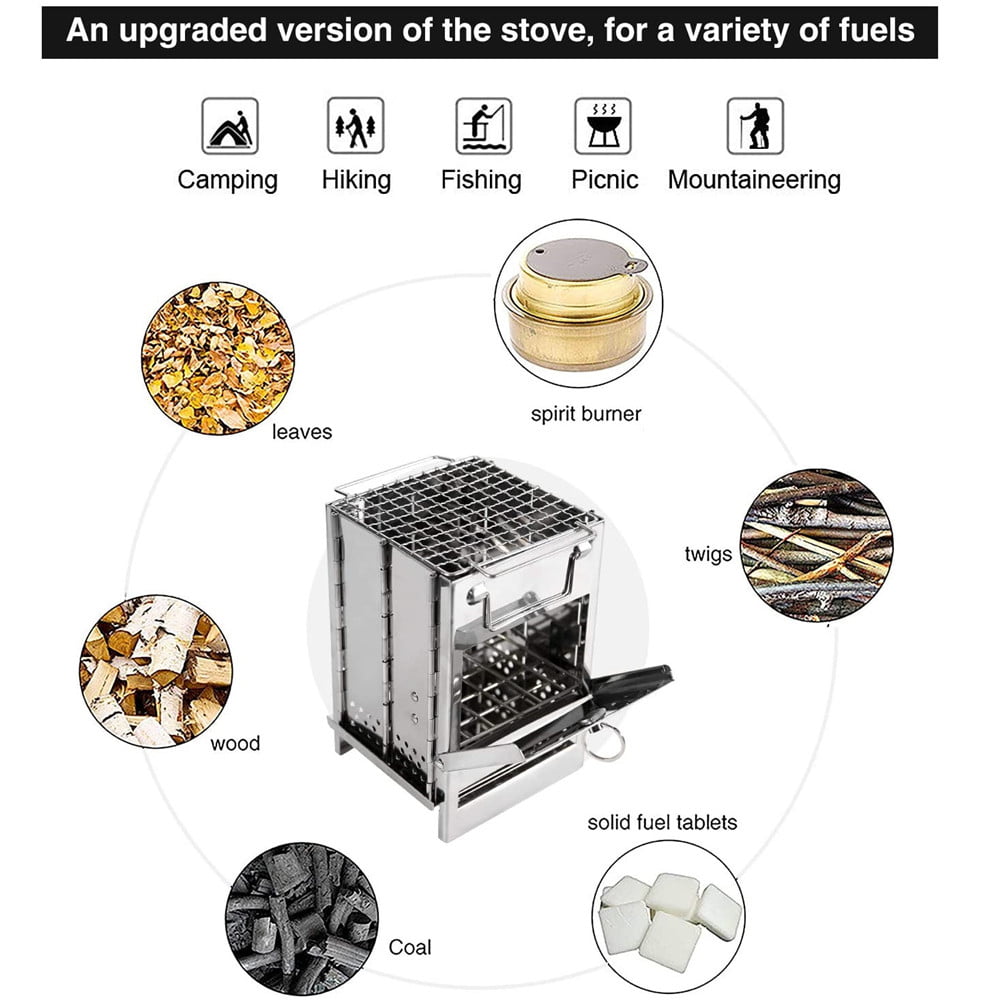 Camping Stove Portable Stainless Steel Backpacking Stove, Folding Lightweight Wood Burning Stove for Outdoor Survival Cooking Picnic Hunting, Mini BBQ Grill with Carry Bag