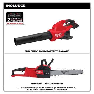 MW M18 FUEL Dual Battery 145 MPH 600 CFM 18V Lithium-Ion Brushless Cordless Handheld Blower with M18 FUEL 16 in. Chainsaw 2824-20-2727-20