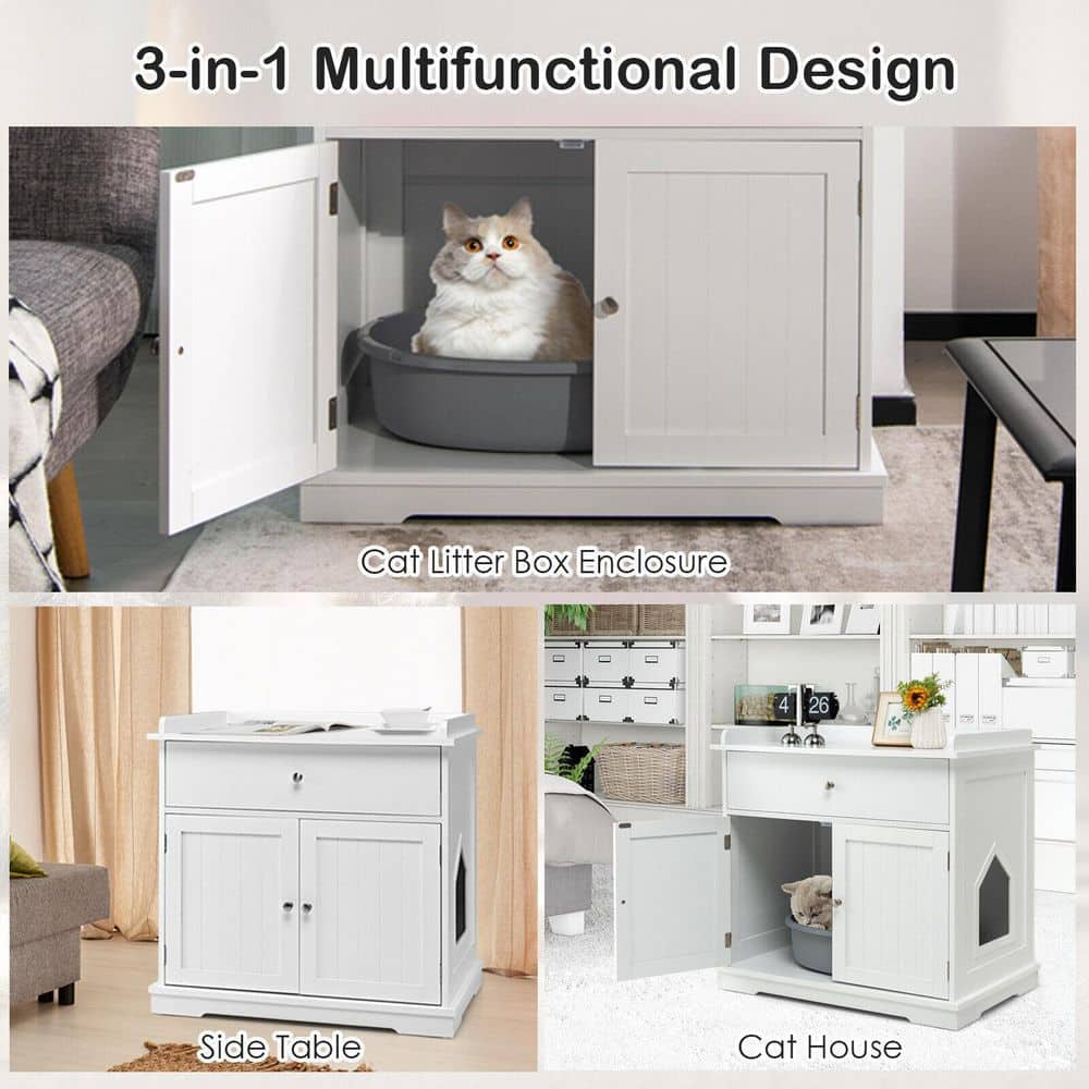 ANGELES HOME 30 in. W x 29 in. H Wood Cat Litter Box Enclosure with Drawer Side Table Furniture in White 8CK-10009PVWH